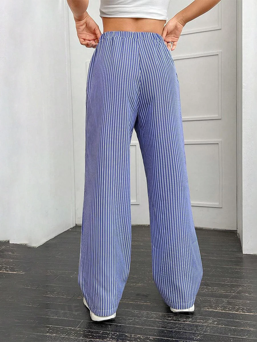 Kimydreama Women Casual Striped Lounge Pants Elastic Waist Pajama Pants Loose Straight Leg Trousers Streetwear Loungewear