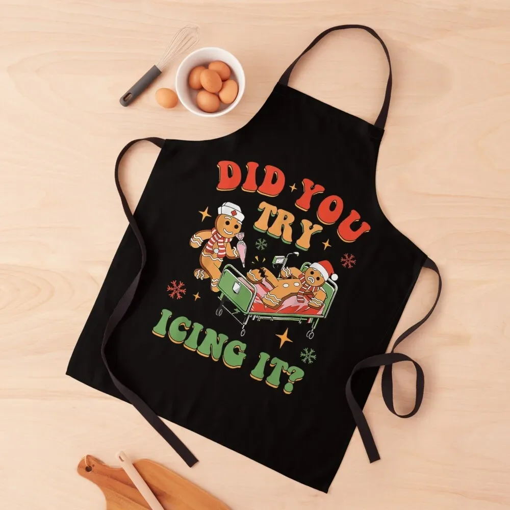 Did You Try Icing It? Funny Gingerbread Man Retro Christmas Apron Ladies Smock for hairdressing Apron