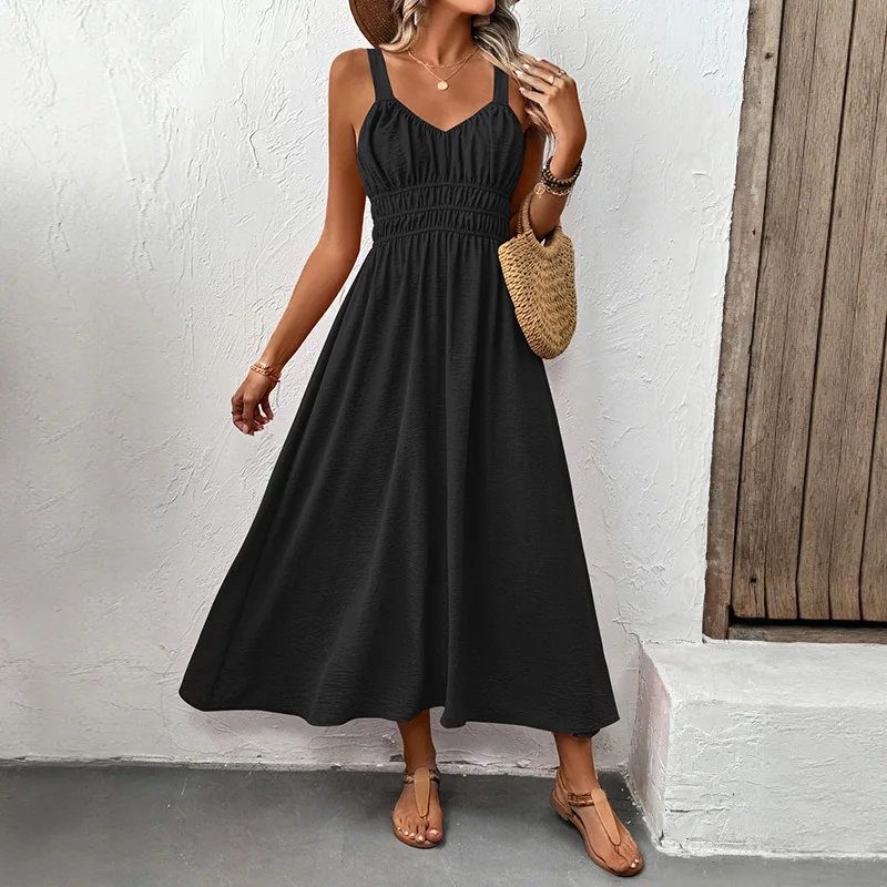 Vestido sin espalda sin mangas con cuello en V y tirantes de Color sólido para mujer de verano 2025