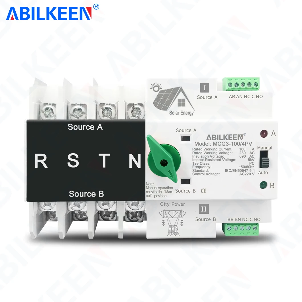 ABILKEEN Mini ATS Automatic/Manual  4Phase Dual Power Transfer Switch AC110V/220V Solar Energy-City Power Changeover Switch