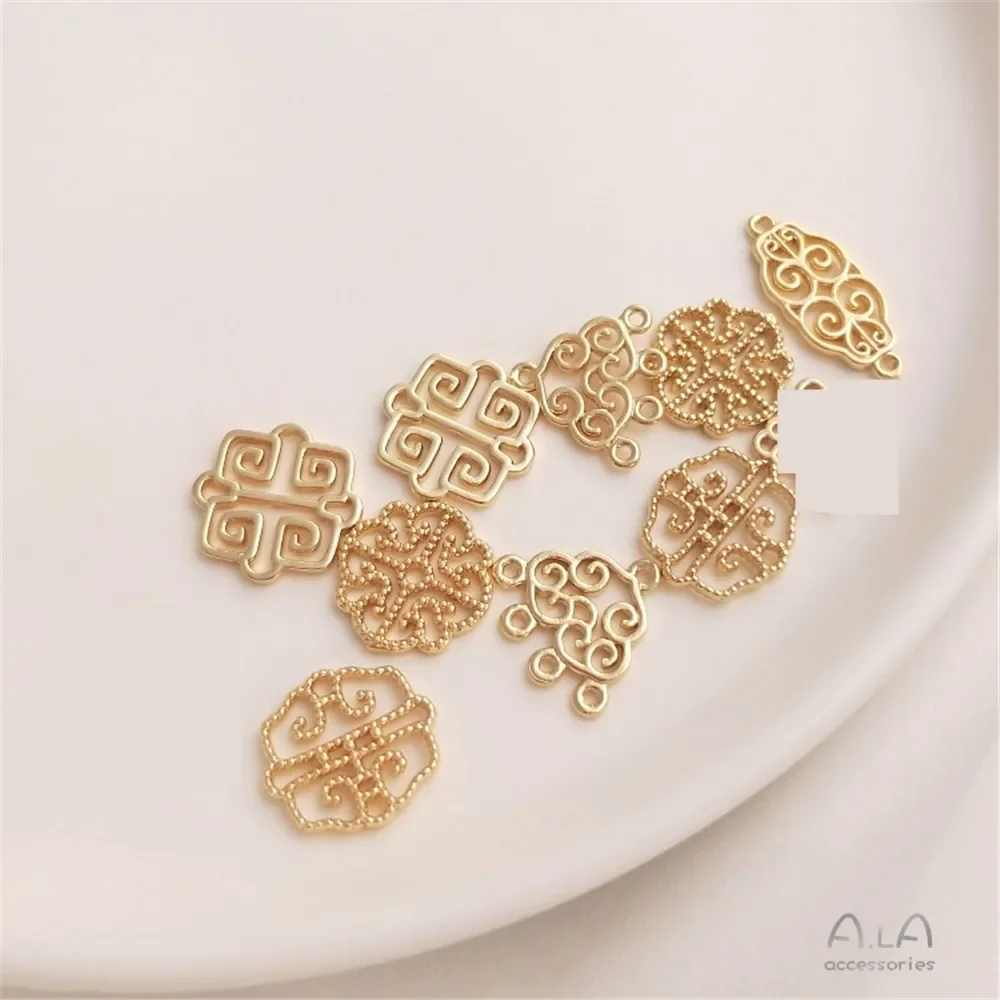 Colgante de oro de 14K chapado en cobre, tótem de flor hueca, doble colgante, pendientes diy, accesorios de pulsera