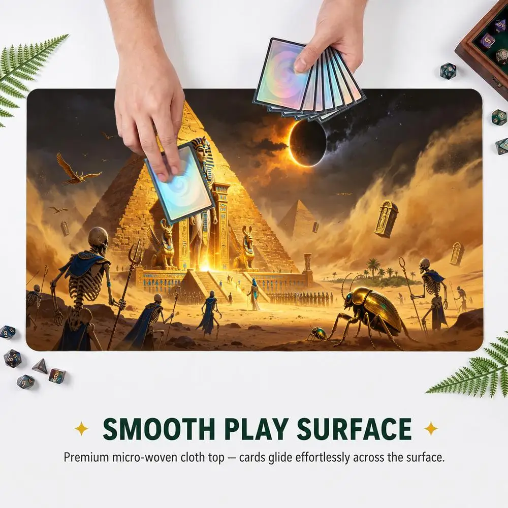 60X35CM Solar Eclipse Ancient Egypt Pyramid Pharaoh Play mat Non-Slip Rubber Base Stitched Edge Large Table Mat for Card Game