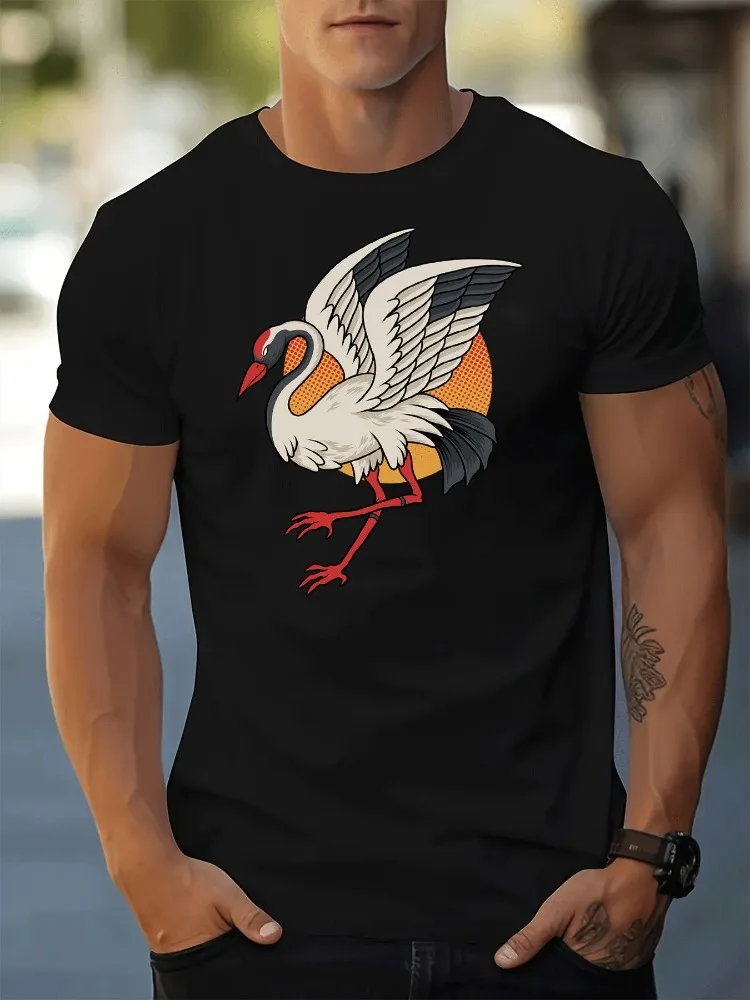 Asian Style Red Crowned Crane Print Mens Short Sleeve Crew Neck Cotton Tee Loose Fit Lightweight Summer Daily Street Wear Top