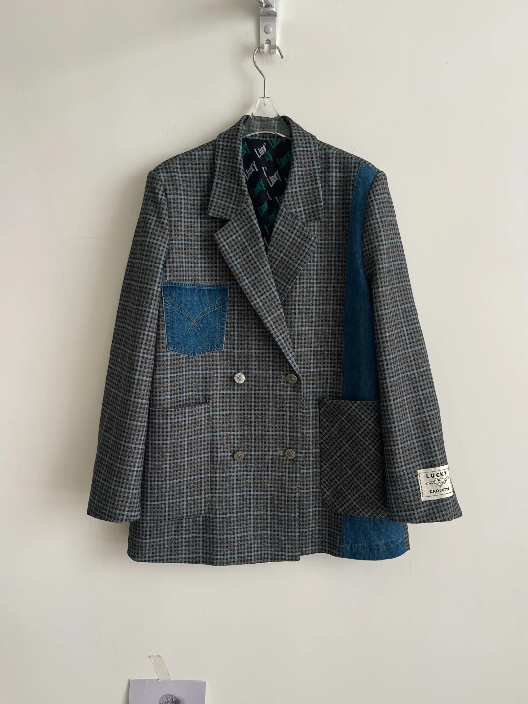 

2026 Spring Commuter Style Women's Plaid Patchwork Double-breasted Collar Denim Suit Jacket Long Sleeve Casual Fashion