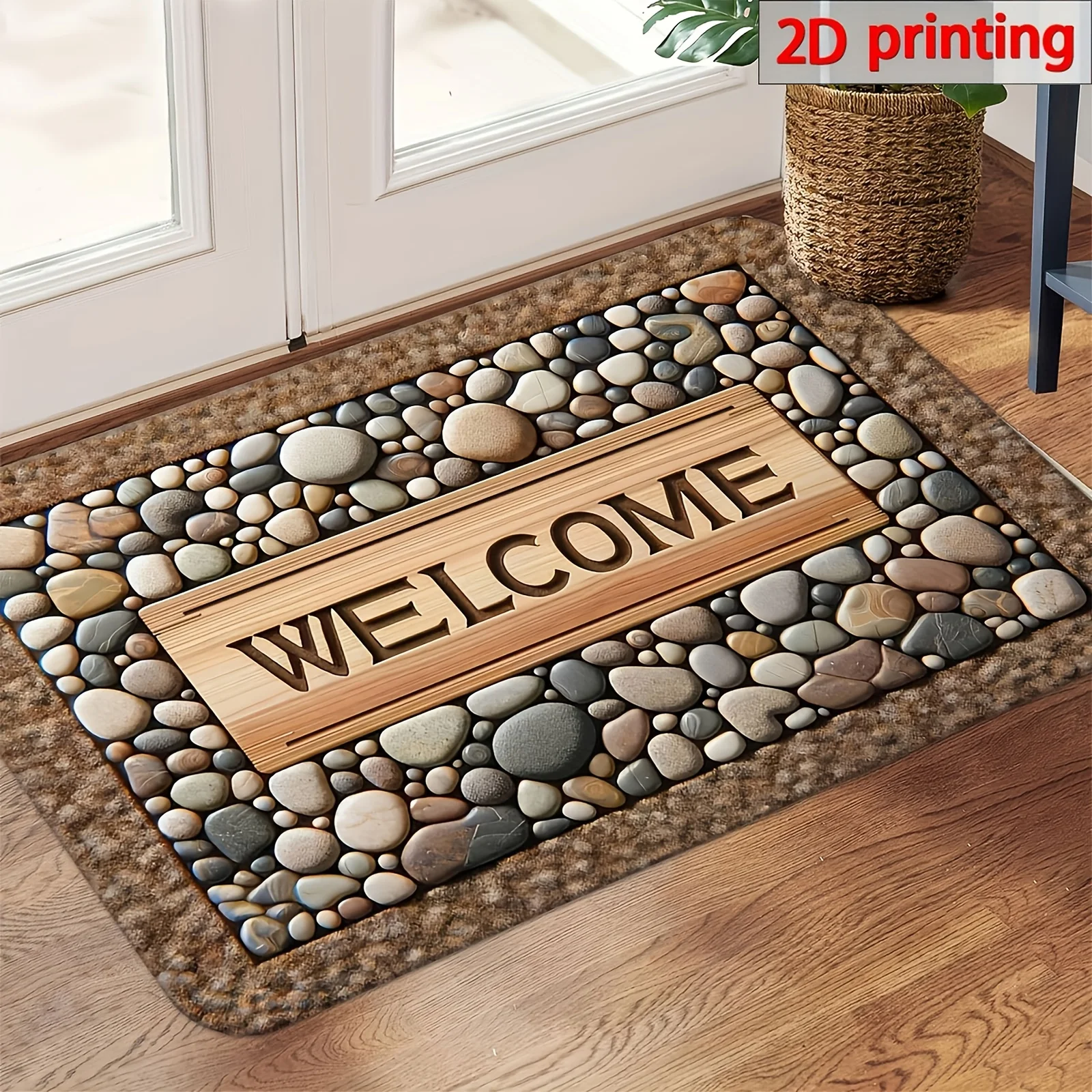 1pc Welcome Home Non-Slip Door Mat - Durable, Machine Washable Mat with Stone Pattern & Wood Texture Design
