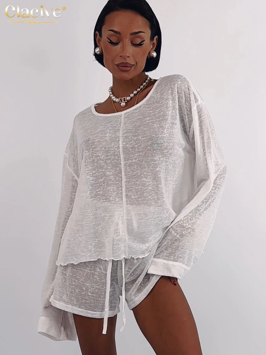 

Clacive Fashion Loose White See Through 2 Pieces Set For Woman 2025 Casual Long Sleeve Tops With High Waist Shorts Set Female