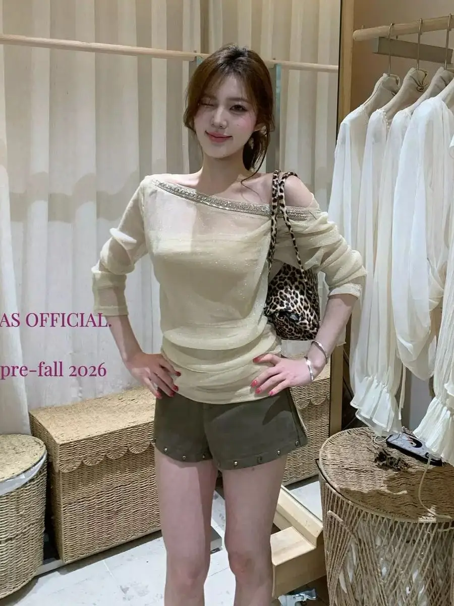 Elegant Long Sleeve T-Shirt Women's Early Autumn New Model Inner Wear Design Sensual Shoulder Exposure Beautiful Top