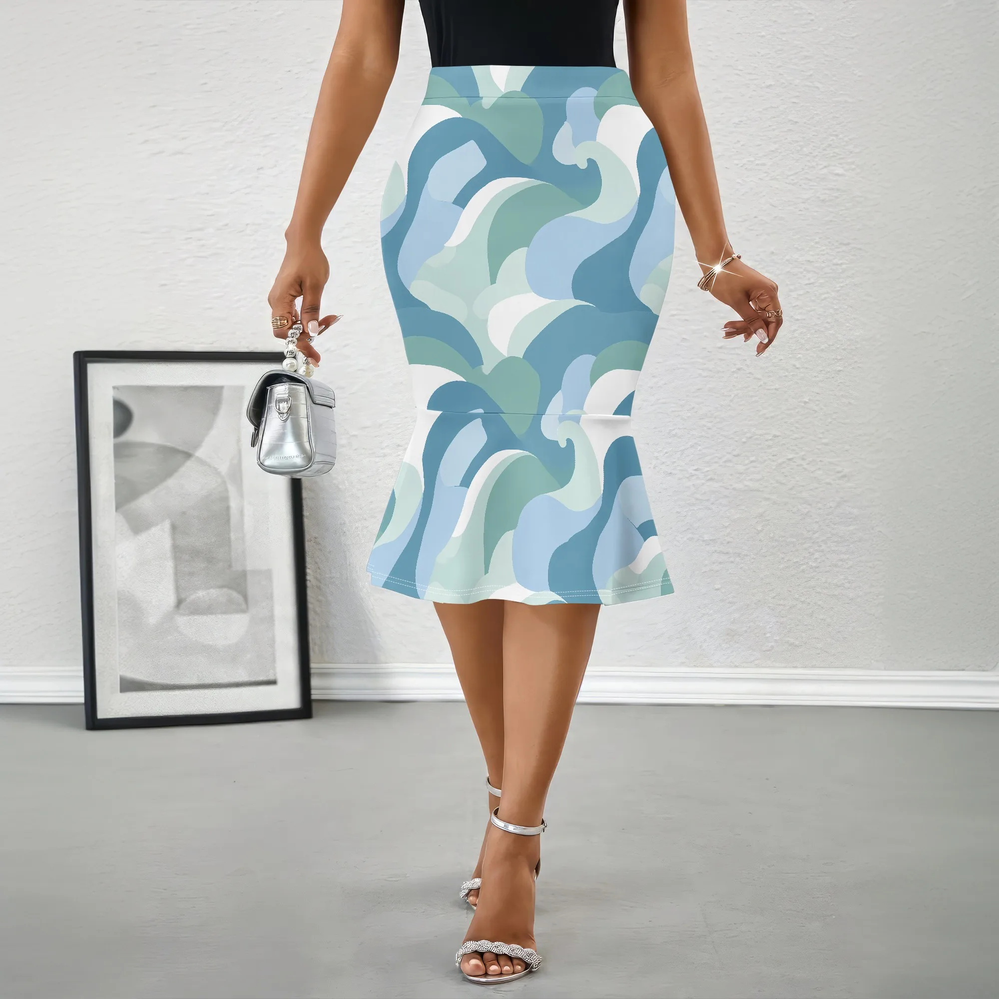 Blue Green Abstract Print Skirt, Wavy Pattern Midi Skirt, Mermaid Hem Pencil Skirt, Summer Beach Party Wear for Women, S-2XL