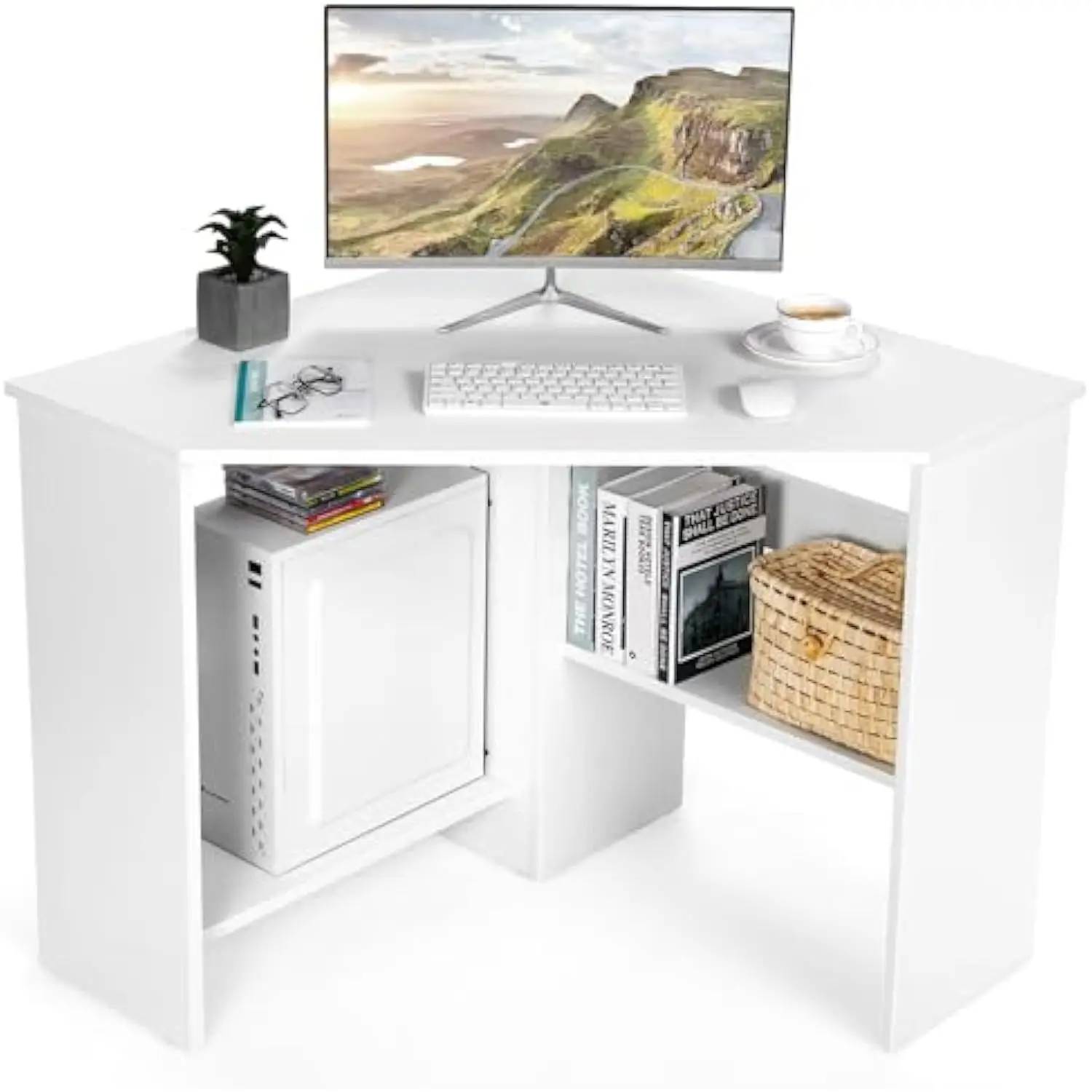 Corner Computer Desk, Space-Saving Triangular Writing Desk W/ 2 Storage Shelves & 2 Cable Holes, Multi-Functional Console Tabl