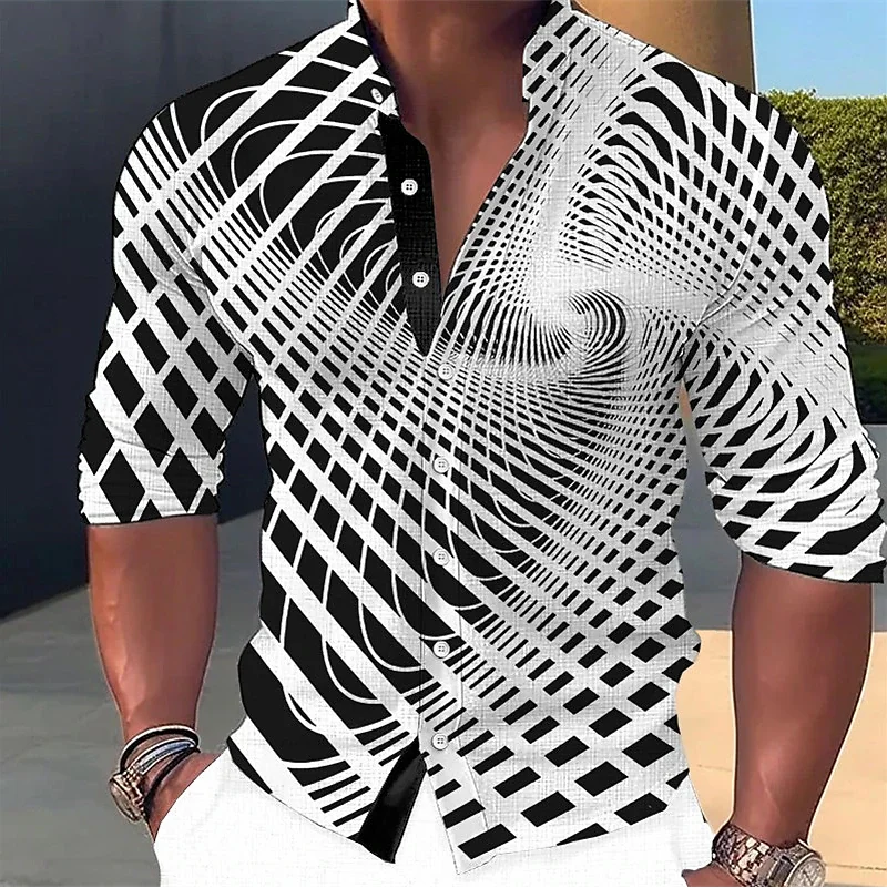 Men\'s Shirt Optical Illusion Graphic Stand Collar Long Sleeve Print Clothes Clothing Fashion Street Designer Casual Tops