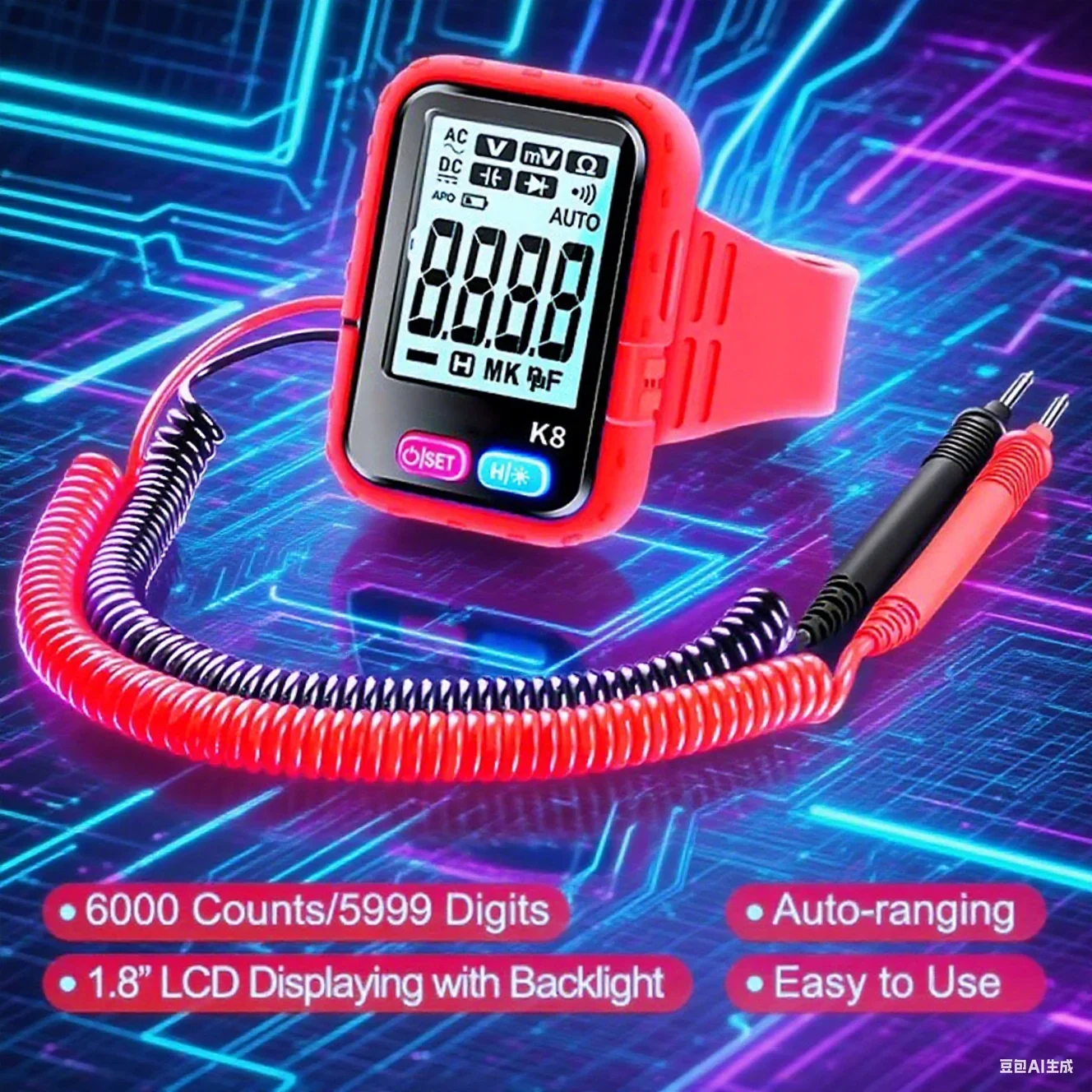 

1 Digital Multimeter With Wrist Strap For Portable Resistance And Continuity Testers, USB Rechargeable Power Supply, Red Strap
