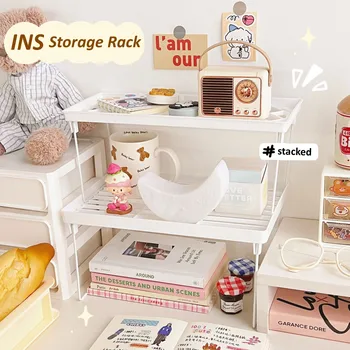 한국 Ins 간단한 접이식 보관 랙, 데스크탑 문구 보관 거치대, 다기능 플라스틱 선반, 메이크업 정리함 
