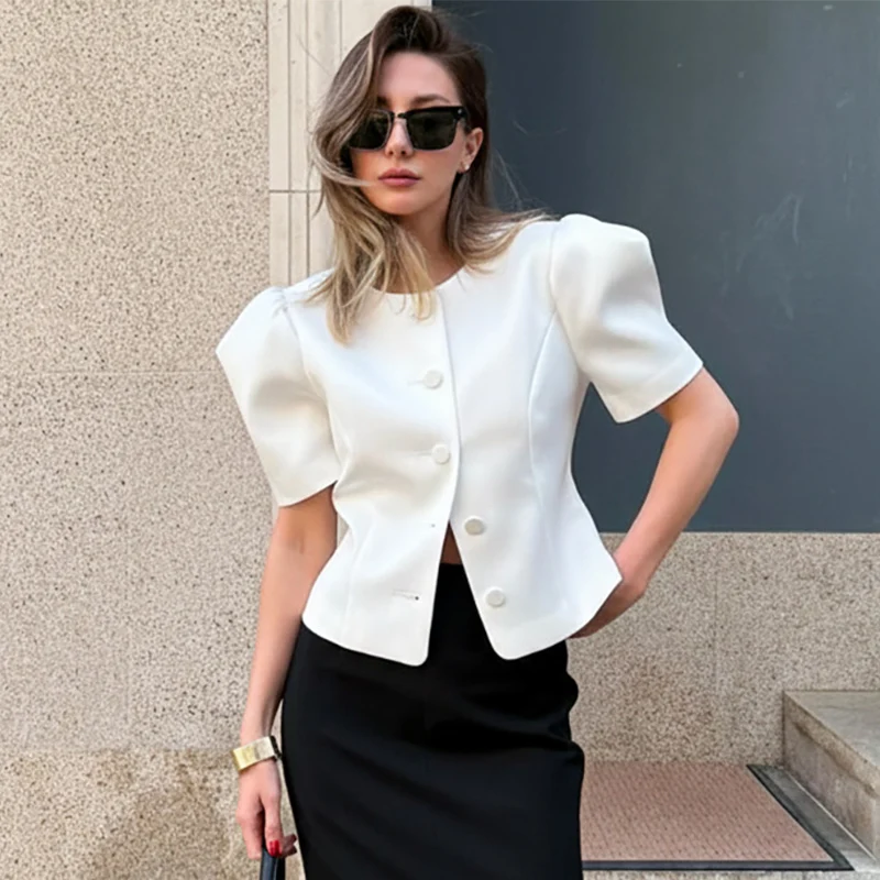 

Trendix Women's Solid Button Shirts 2026 Summer High Waist Short Sleeve Tops Street Casual Party Elegant Cardigan Cropped Jacket