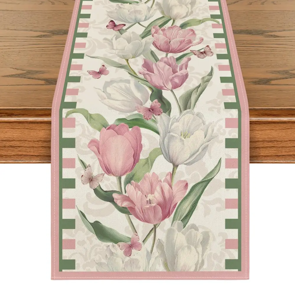 

Tulip Bloom Floral Spring Table Runner, Seasonal Summer Kitchen Dining Table Decoration for Home Party Decor