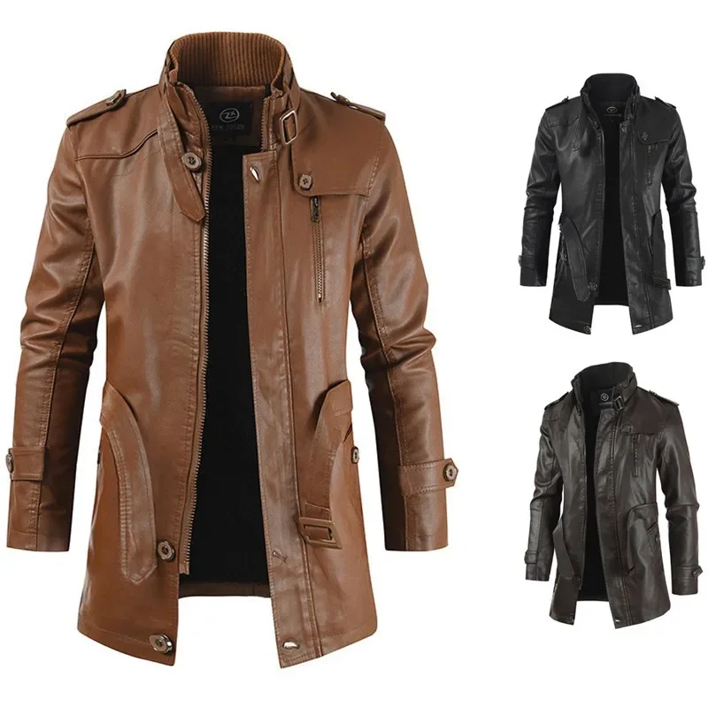 

2023 New Autumn and Winter Men's Mid length Leather Coat Men's Youth Fashion Versatile Plush PU Leather Windbreaker Men's Coat