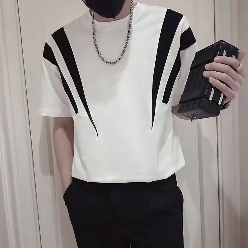 Summer New Fashion Simple Men Short Sleeve T-shirt Korean Contrasting Loose New Round Neck Patchwork Casual Versatile Thin Tops