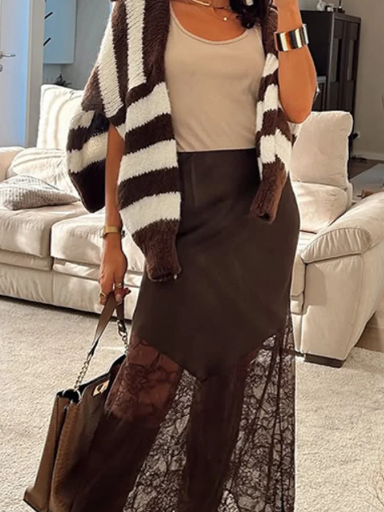 

Элегантные атласные кружевные розовые юбки для женщин, однотонная тонкая длинная юбка на боковых пуговицах, уличные женские шелковые юбки до середины икры, новинка осени 2023 г.