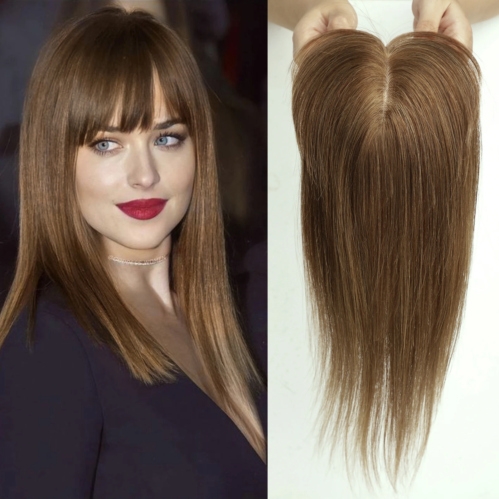 14 inch bruin ombre rechte zijden basis menselijk haar topper met pony 100% remy haarstukje voor vrouwen dunne top clip-in extensions