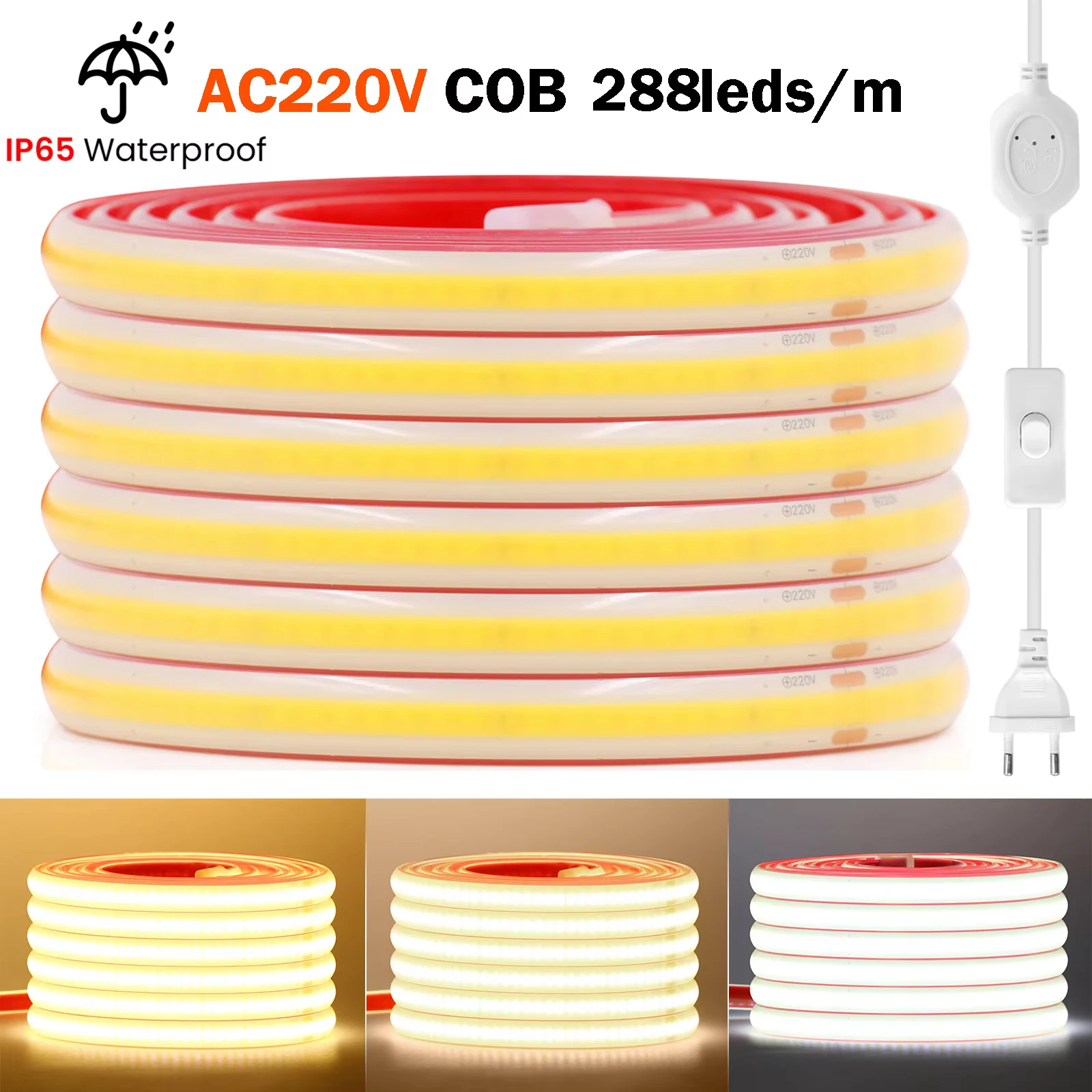 COB LED 스트립 조명, 288LED, 높은 밝기, EU 플러그, 스위치 포함, COB 스트립, 주방 침실, 야외 정원 방수 조명, AC220V