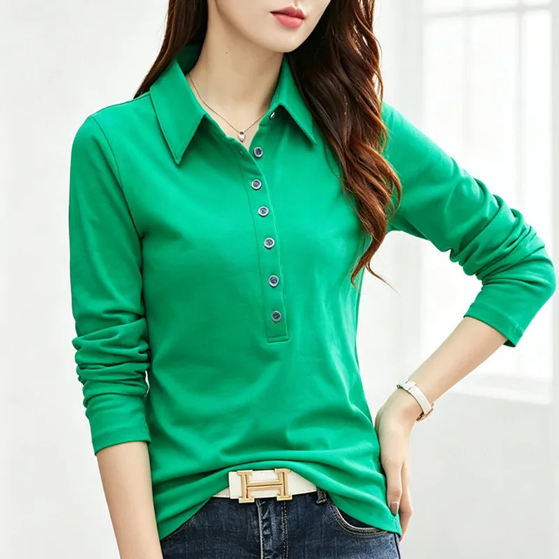 Women Long Sleeve Polo Shirt Solid Color Turn-down Collar Long Button Placket Cotton Tops Slim Fit Elegant Office Casual Blouse