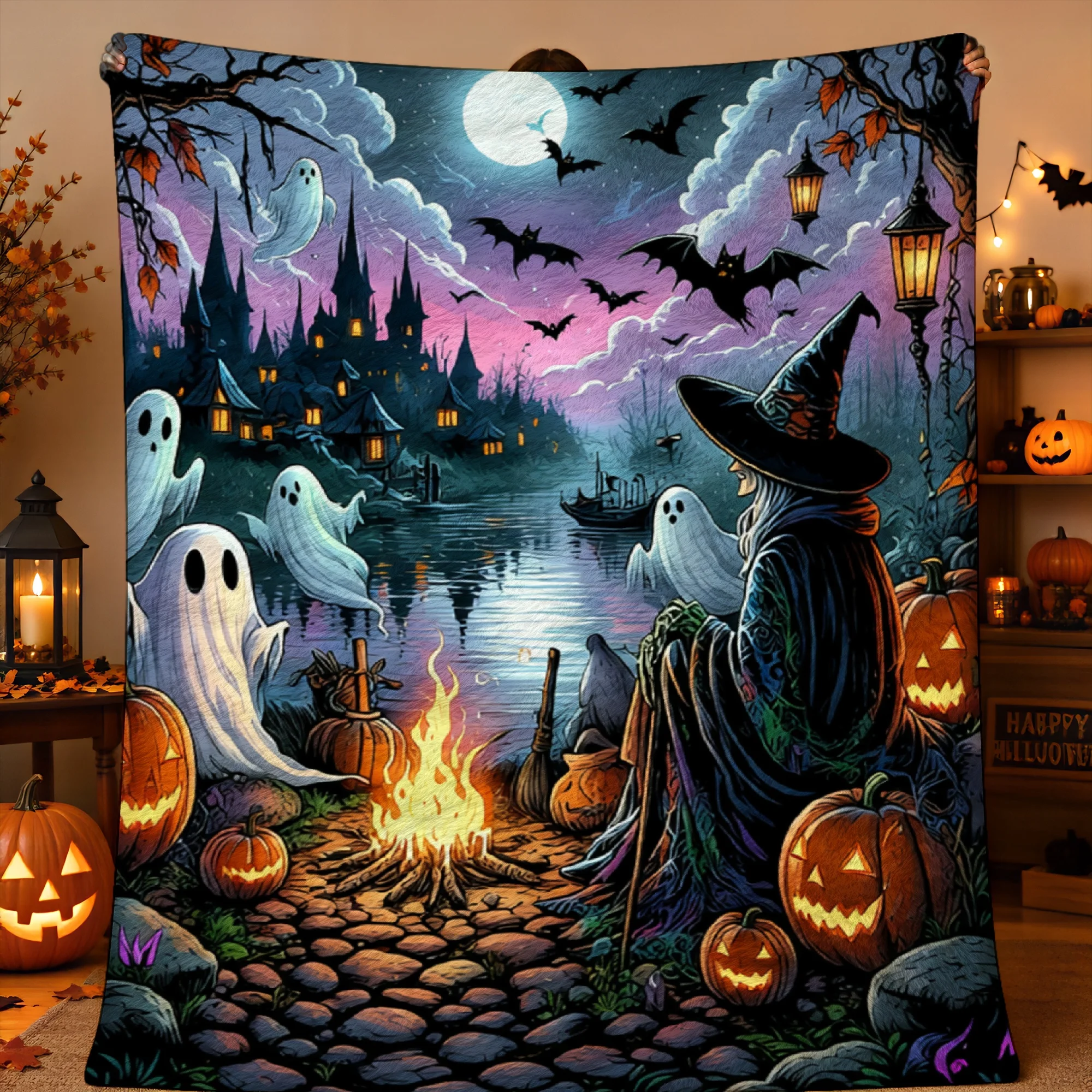 1pc 2D Printed Witch Campfire Ghosts Pumpkins Bats Moon Haunted Castle Halloween Night Scene Throw Blanket, Soft Warm for Sofa B
