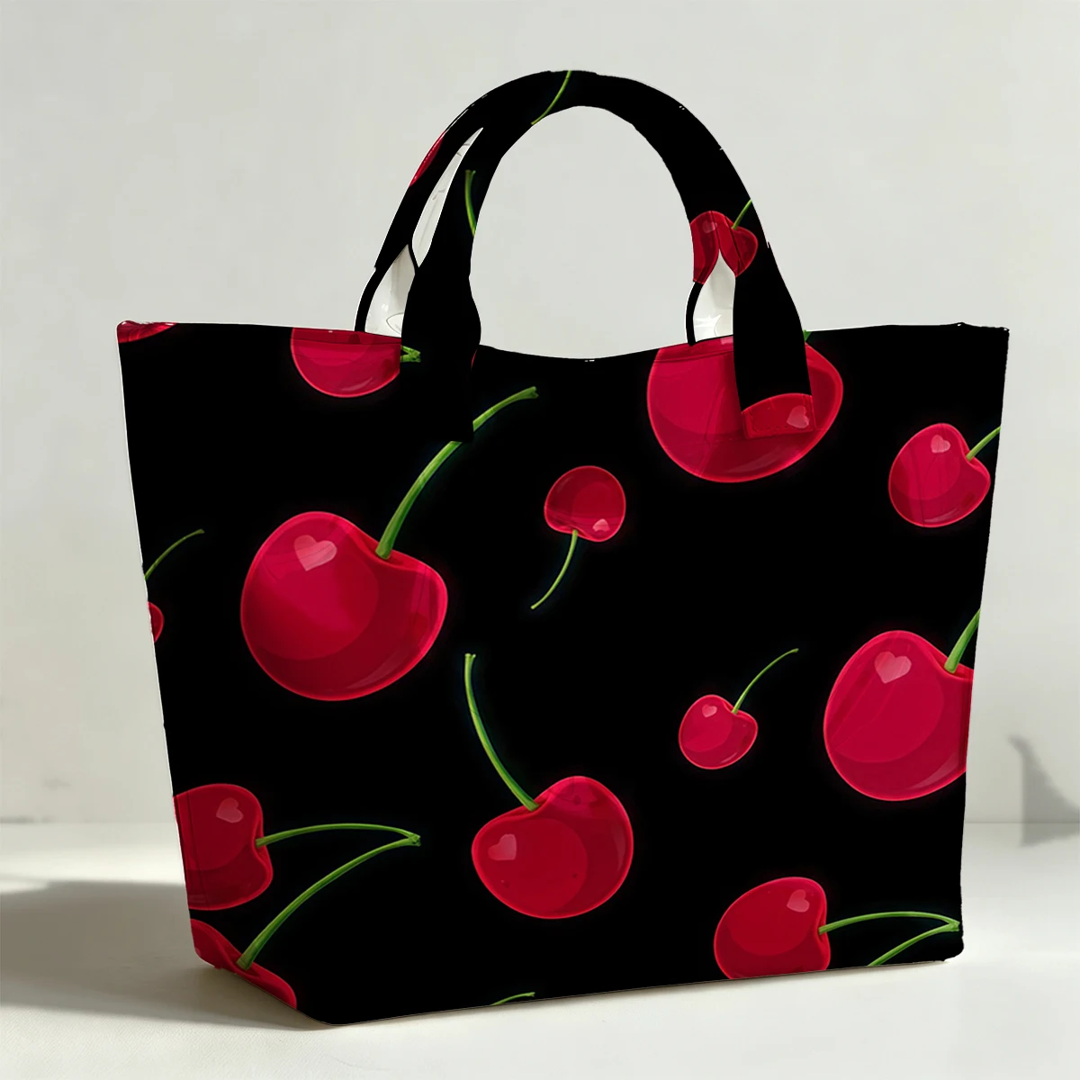 Black Cherry Love Fashion Bag Transparent PVC Waterproof Handbag Large Capacity Daily Commute Shoulder Tote Mummy Bag