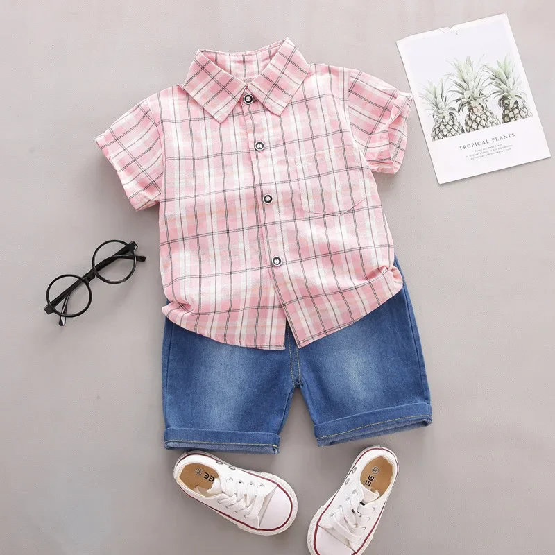 Summer thin baby and toddler striped shirt denim shorts two-piece set