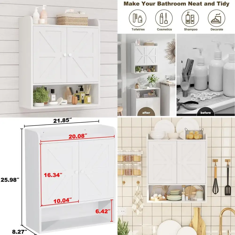 

White Wall-Mounted Medicine Cabinet with Adjustable Shelves and Double Barn Doors for Bathroom, Living Room, and Kitchen Storage