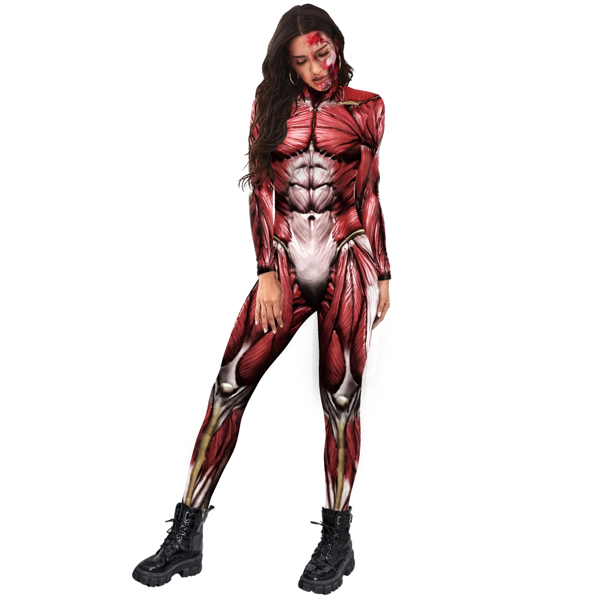 3D กล้ามเนื้อมนุษย์รูปแบบ Jumpsuit อะนิเมะยักษ์คอสเพลย์เครื่องแต่งกายฮาโลวีนบอดี้สูท Spandex Zentai Party ผู้ใหญ่ Zipper Rompers