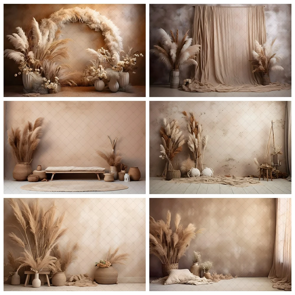 

Photography Backdrop Indoor Boho Pampas Grass Decor for Pregnant Portrait Maternity Party Grunge Wall Photo Background Props