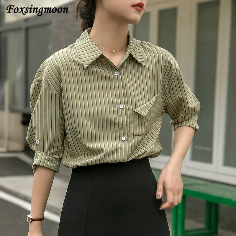 

2022 Summer Korean Design Loose Striped Shirt Women's Thin Retro Short Sleeve Blouse Button Cardigan Clothes Women