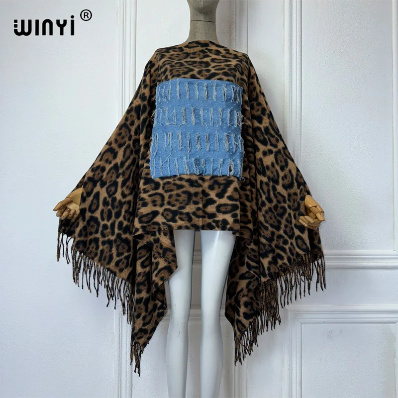 WINYI Ursprung Leopard Winter Denim Patchwork Mode Urlaub Kleid Poncho Top Party Ponchos für Frauen Mantel Maxi Oberbekleidung