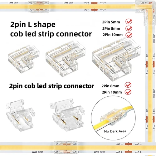 Imagen 2 del producto Conector de esquina sin soldadura en forma de L de 2 pines, 5/8/10mm y conector LED COB de 2 pines y 8/10mm, adecuado para tiras de luces LED COB de 2 pines