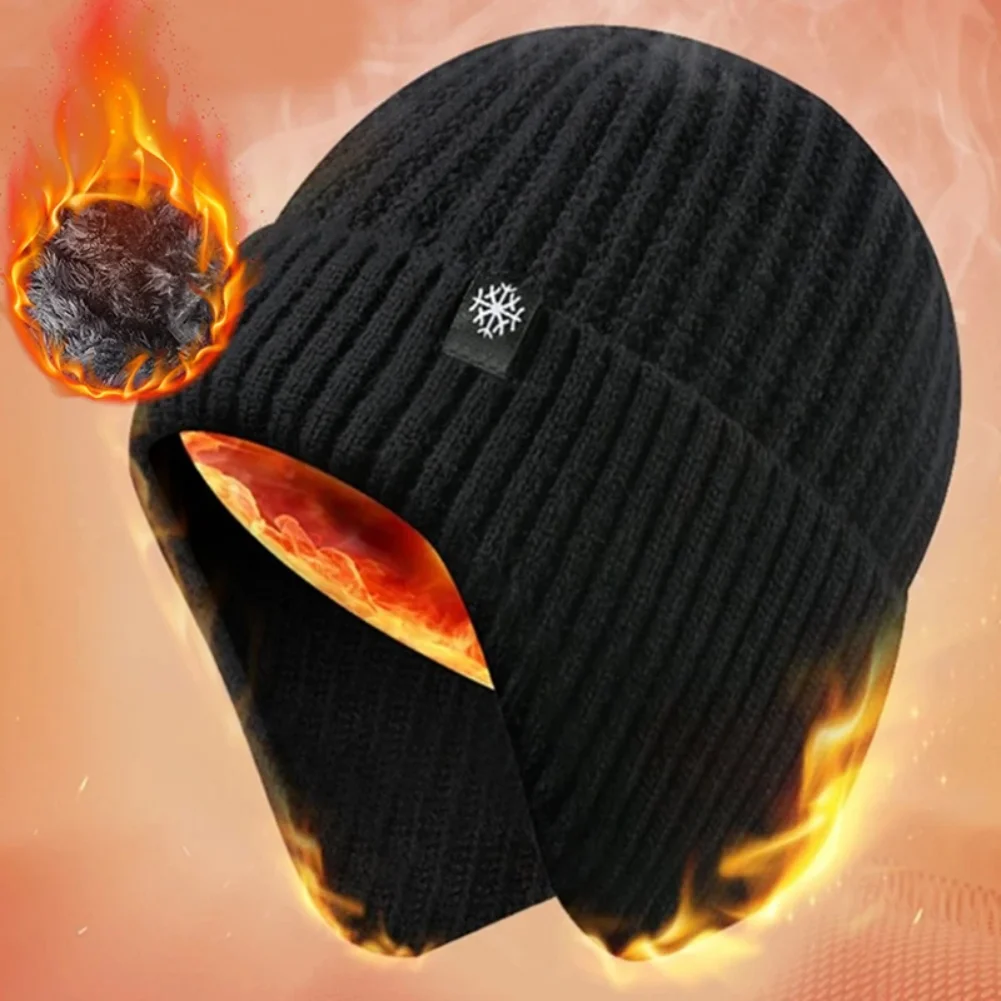 Outdoor Men Winter Knitted Hat Plush Warmth Peaked Cap Earmuff Casual Fashion Faux Fur Lined Bomber