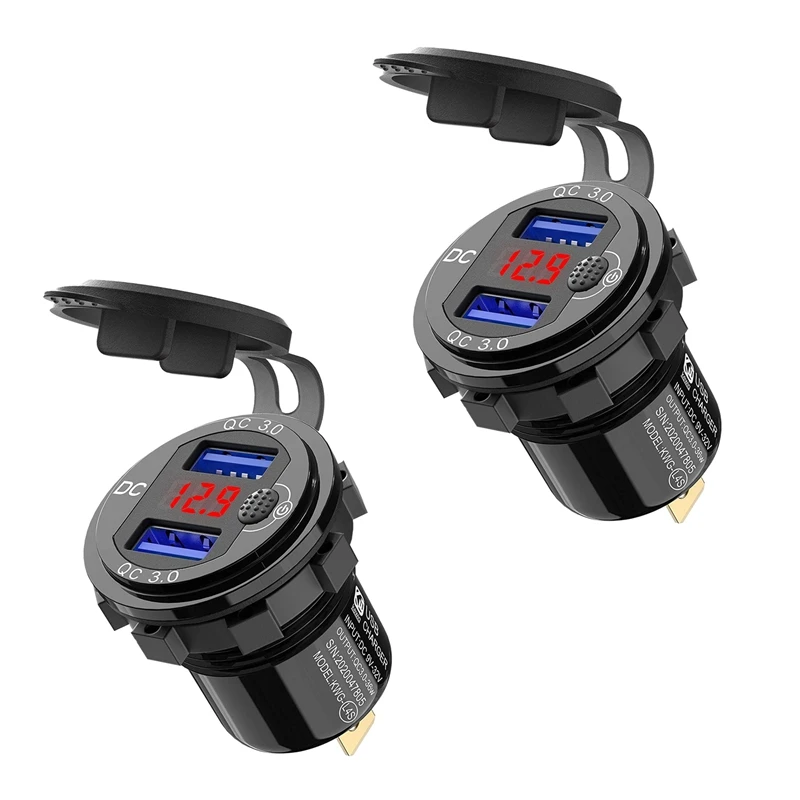 2X Quick Charge 3.0 Dual 12V USB Car Charger, Aluminum Socket With Switch Button And Red Digital Voltmeter, Waterproof