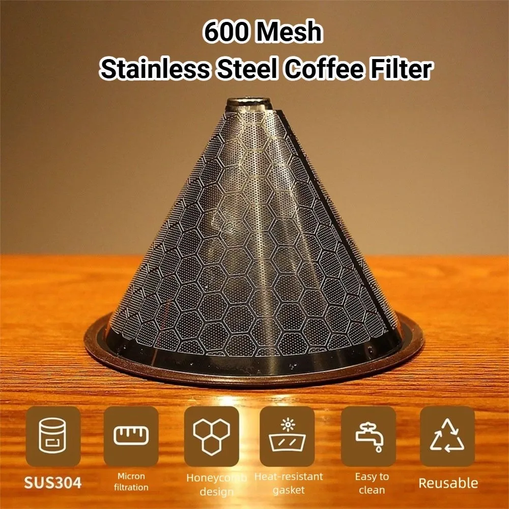 

Professional Stainless Steel Coffee Filter Rubber Ring V Shape Coffee Dripper Cone Funnel 600 Mesh Hand Coffee Funnel for Office