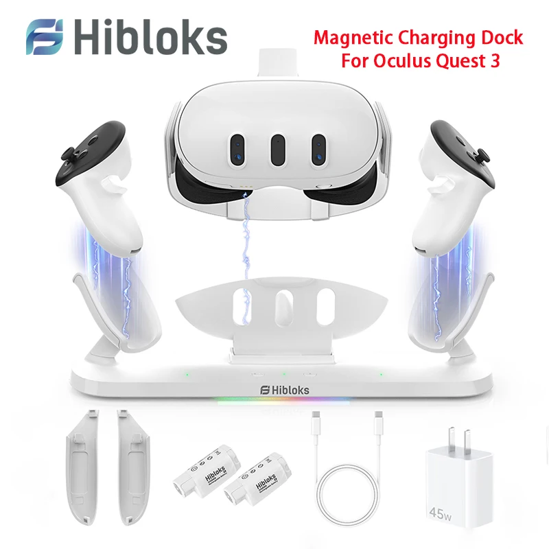 Hibloks Magnetic Charging Dock for Meta Quest 3 Wireless Charging Stations 8 Light Modes Controller Charging Base VR Accessories