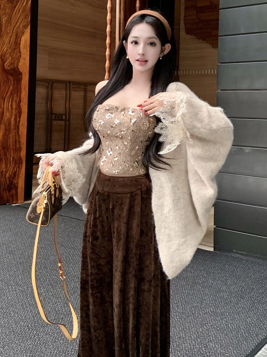 Luxury Sequin Crop Top And Velvet Wide Leg Pants Knitted Cardigan Set Women's Fashion Autumn Wear Comfortable Breathable