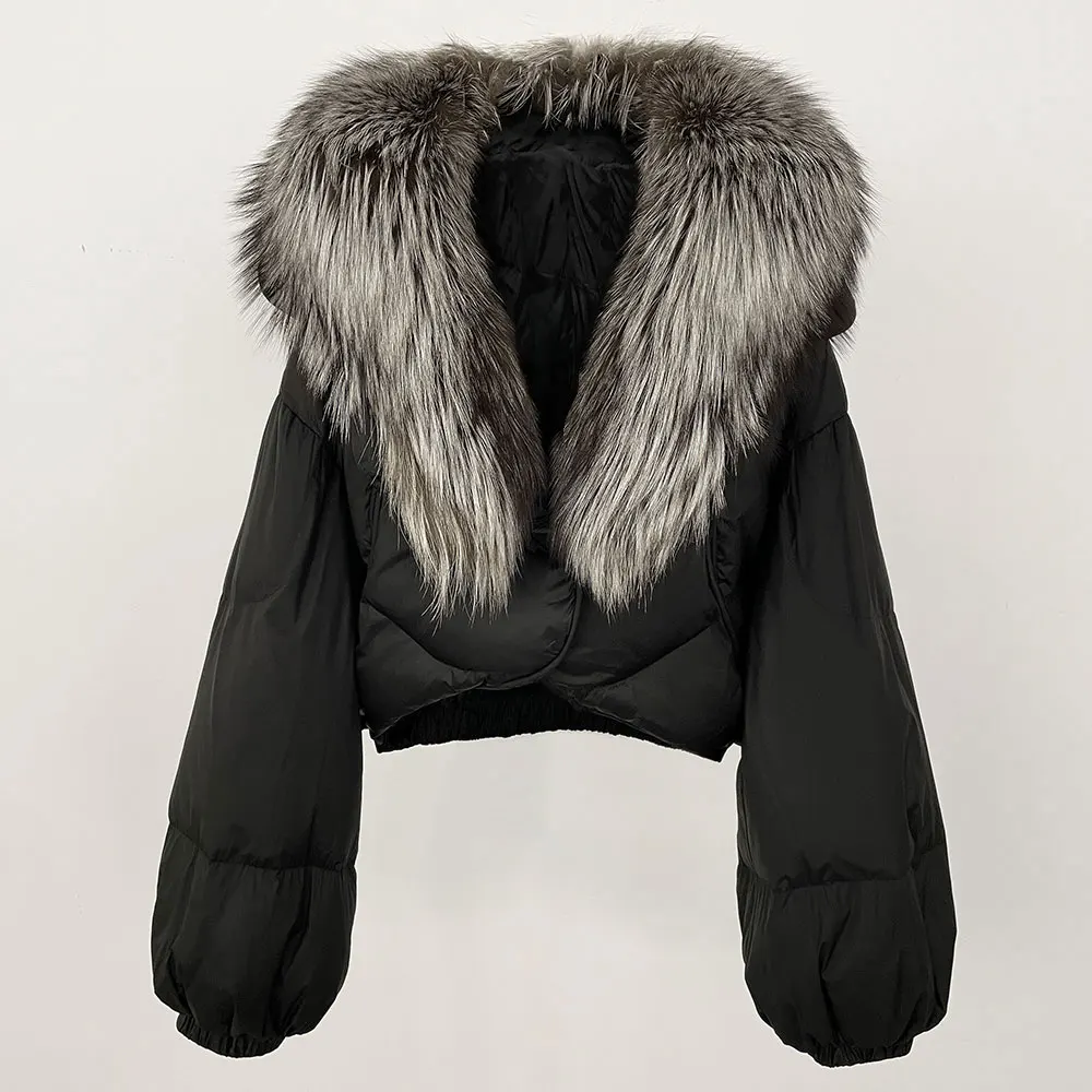 Frauen Langarm Puffer Jacke Luxus Lose Echt Fox Pelzmantel Kurze Weiße Ente Unten Jacke Mode Lässig Winter Weibliche Warme