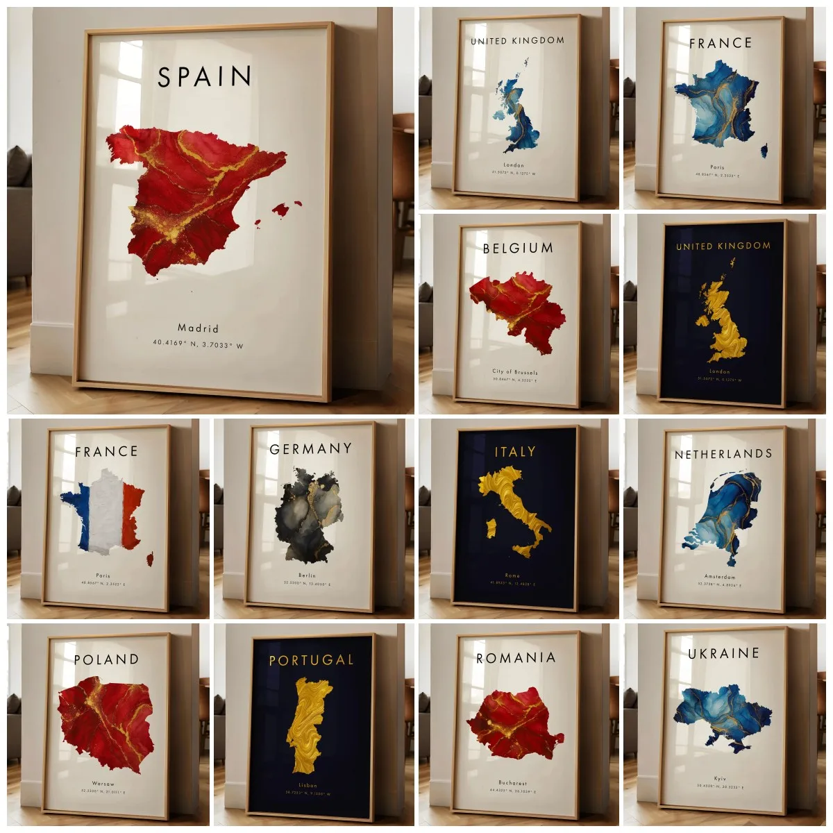 Póster impreso con mapa de Europa, impresión artística de pared azul, rojo y dorado | España Reino Unido Francia mapa decoración del hogar mapa de geografía papel tapiz de regalo