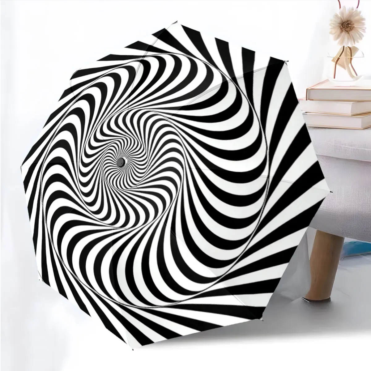 1PC Visual Illusion Umbrella with Hypnotic Swirl Pattern Print 8 Iron Ribs Folding Umbrella Auto-Open Fashion Sunshade