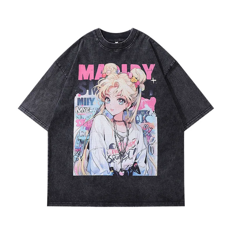 Herren T-Shirts Sailor Moon Anime-Print Sommer Trendige Oversize Kurzarm-Shirts Vintage Washed Harajuku Baumwoll-Kleidung Oberteile