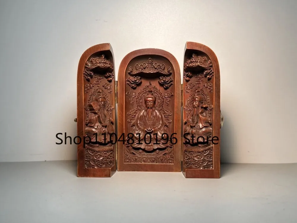 Antique Wooden Carving Feng Shui Three Open Box Taoist Sanqing Saints Collect