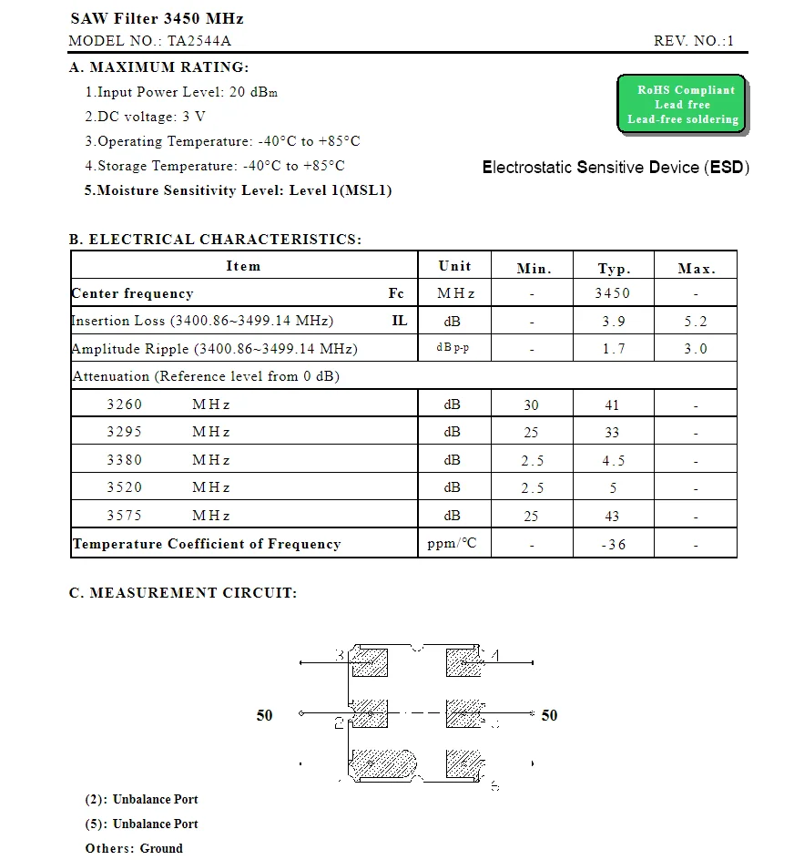 10 PCS TA2544A código Ly novo genuíno 3450 MHz embalado filtro de serra SMD