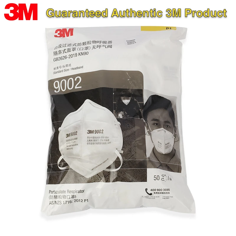 Respirador de Partículas con Banda para la Cabeza 3M 9002 KN90, Mascarilla Antipolvo, Anti-PM2.5, Anti-Neblina, Plegable, Original