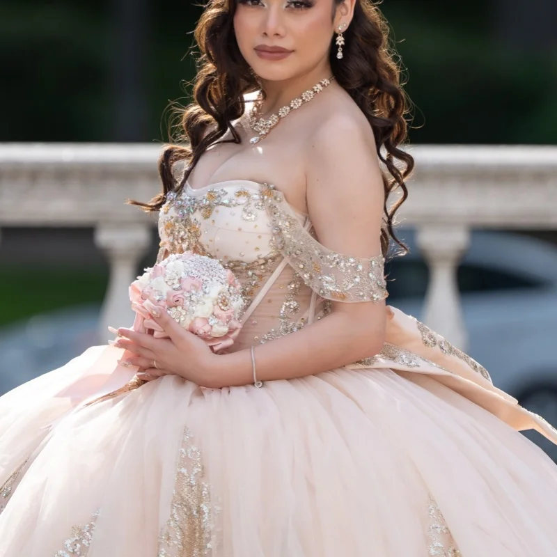 Light Champagne Quinceanera Dress Glitter Crystal Decal Long tail off-shoulder Bow Vestidos De 15 Quinceanera ﻿Customize
