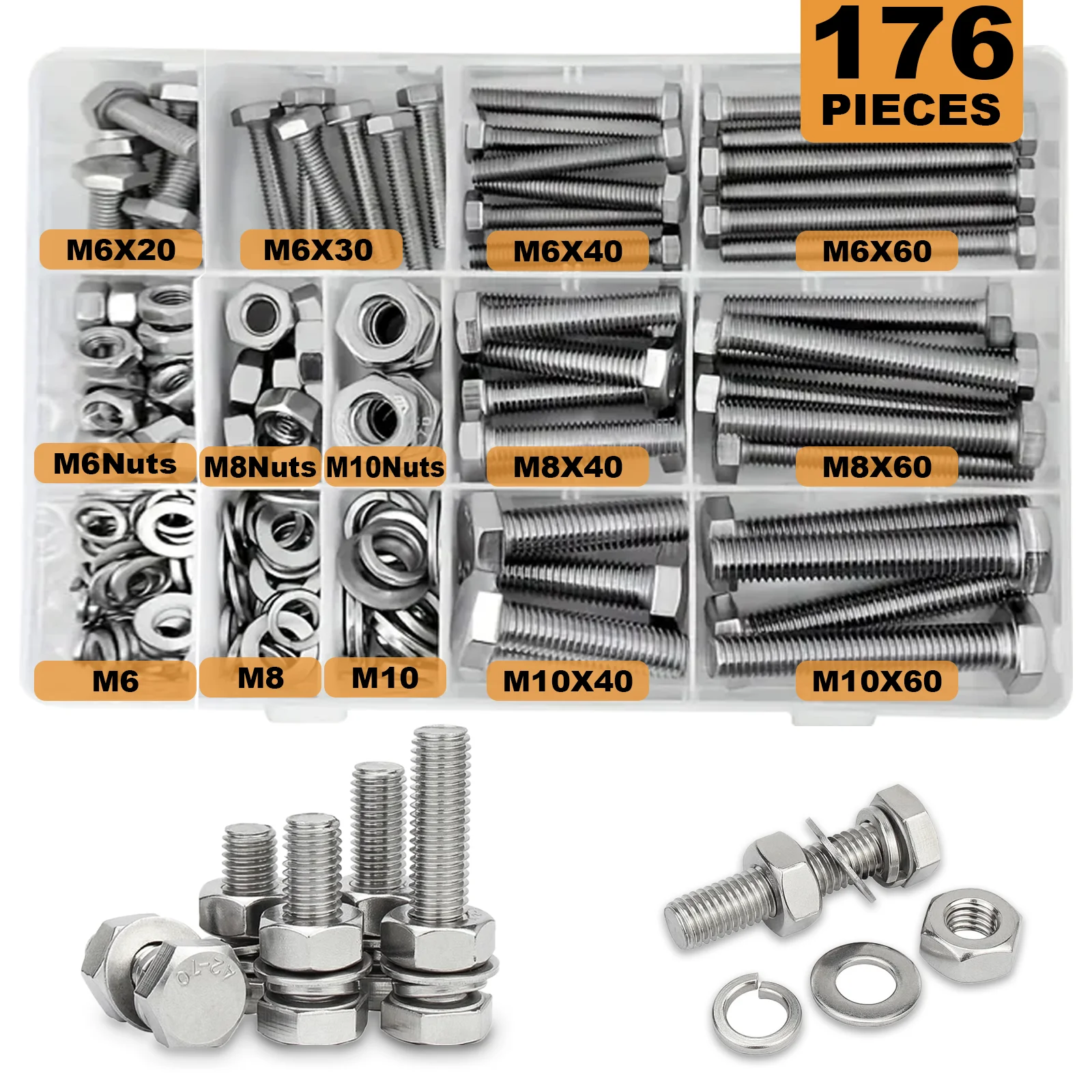 M6 M8 M10 Heavy Duty Bolts And Nuts Assortment Kit, 304 Stainless Steel, Includes 8 Most Common Sizes