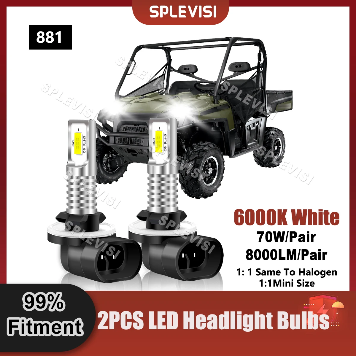 

2x 881 70W 8000LM LED Headlight HID White Upgrade For Polaris Ranger 800 HD For Polaris Utility Ranger 4x4 400 UTV Bulbs