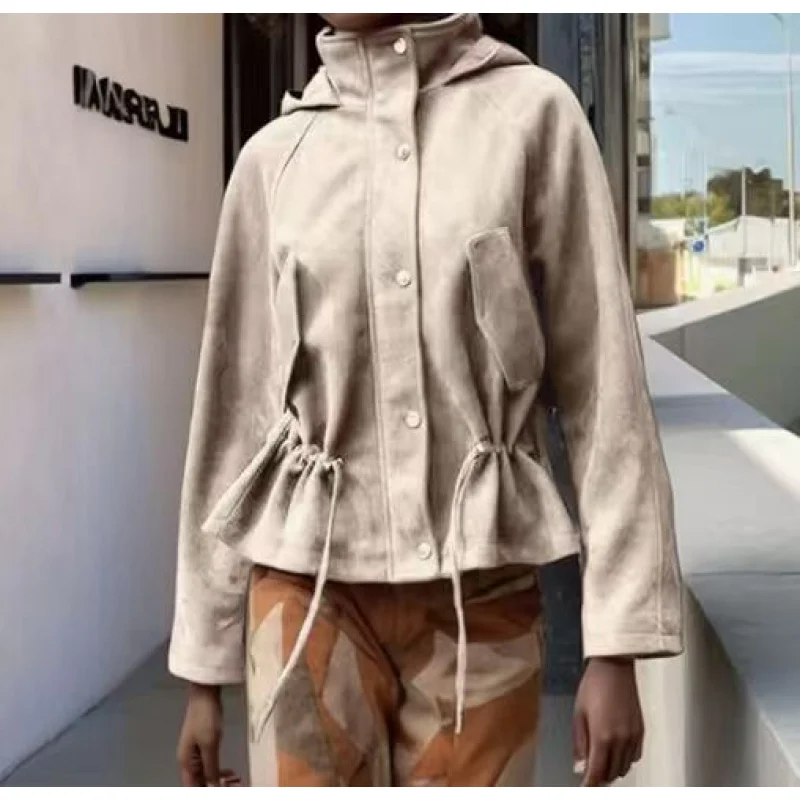 

Осень-зима, новая европейская и американская женская одежда, замшевое пальто с воротником-стойкой и капюшоном