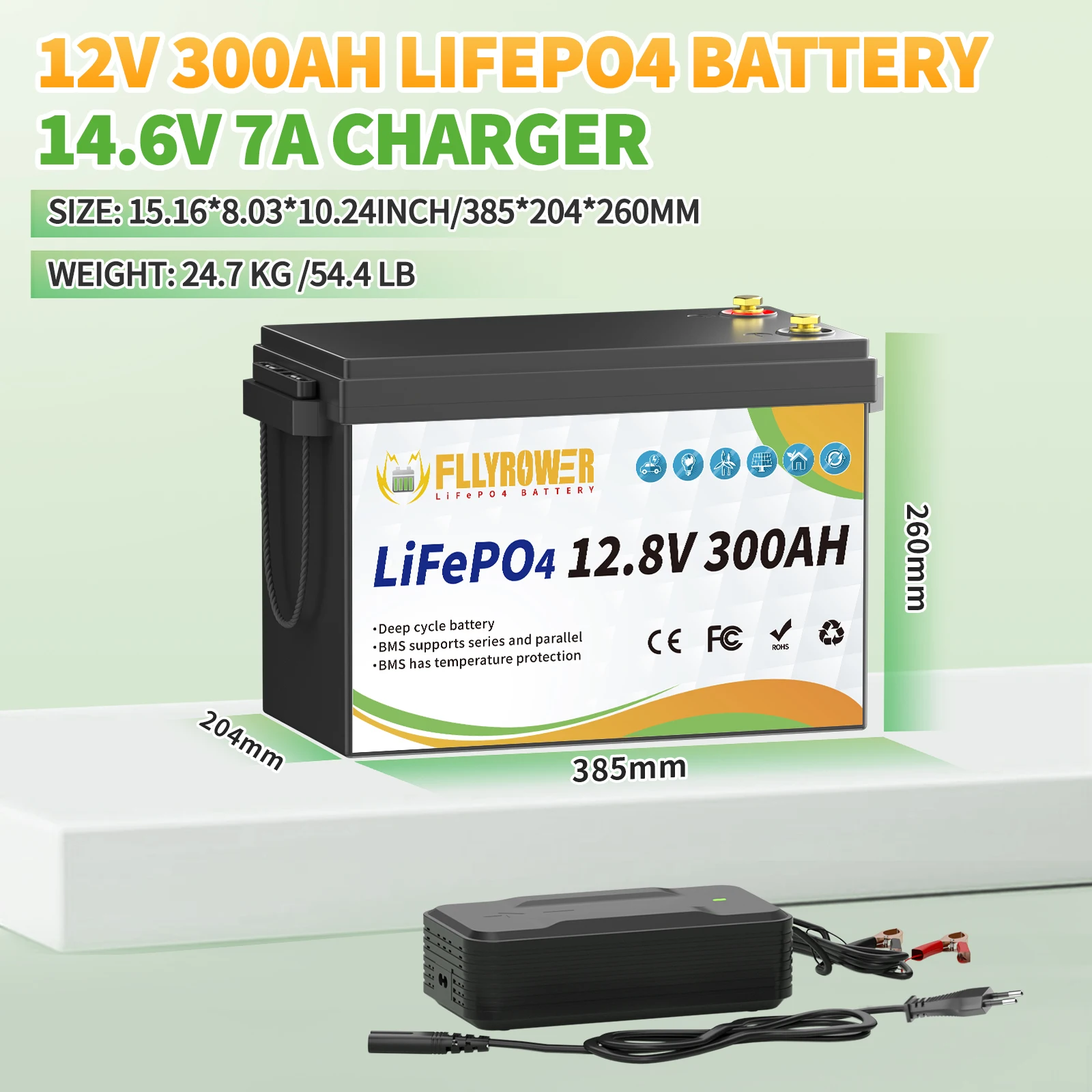 FLLYROWER 12V 300Ah LiFePO4 Lithium Battery Pack With 200A BMS Energy Deep Cycles For Off-Grid Motorhome Solar System RV Boat